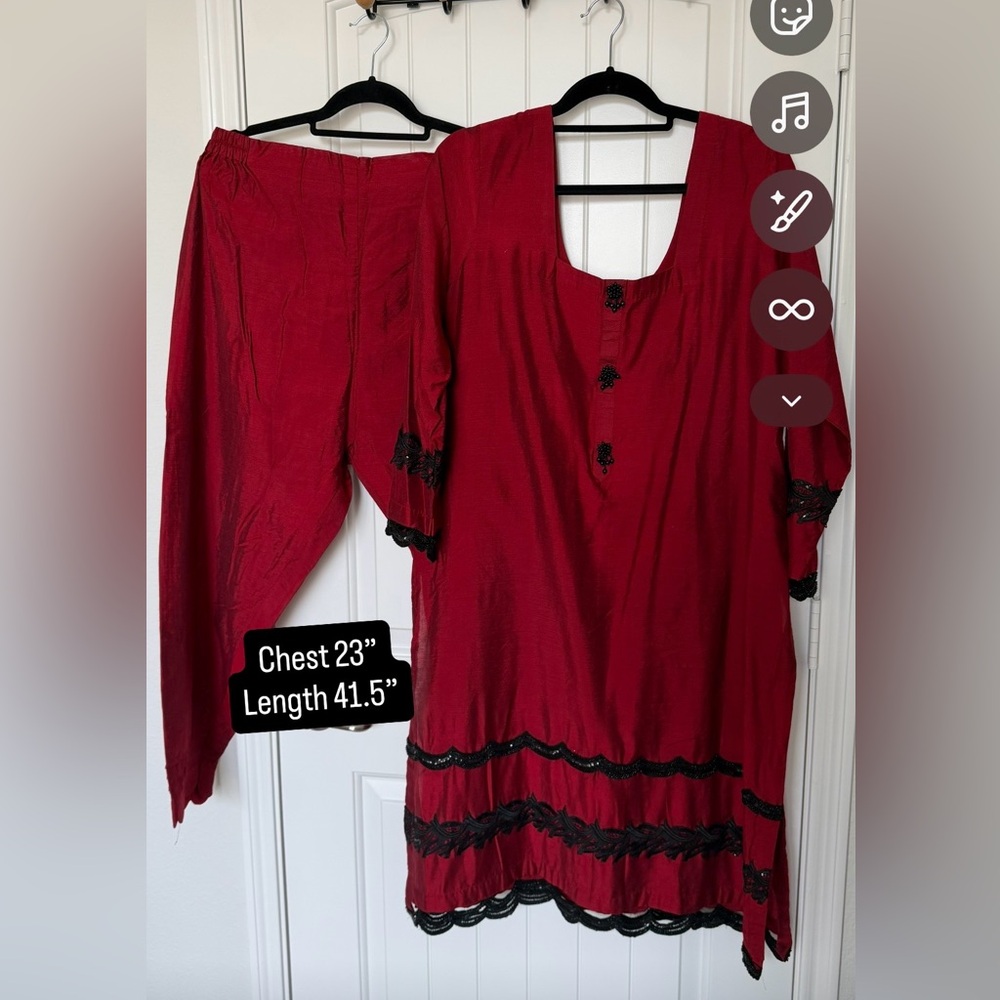 Red Tunic and Pants Set with Black Lace